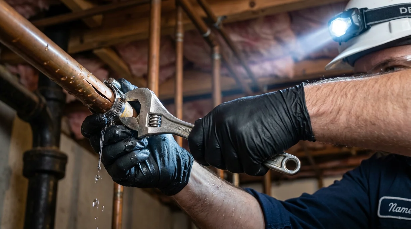 Emergency pipe clamp repair being performed by a Johns Plumbing LLC plumber in Mitchell