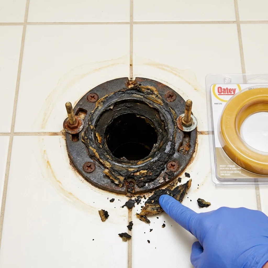 Failed wax ring showing water seepage at the base of a toilet in a Mitchell, SD home