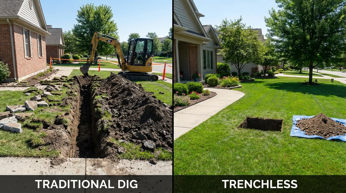 Trenchless sewer repair with minimal yard damage versus traditional excavation in Mitchell, SD