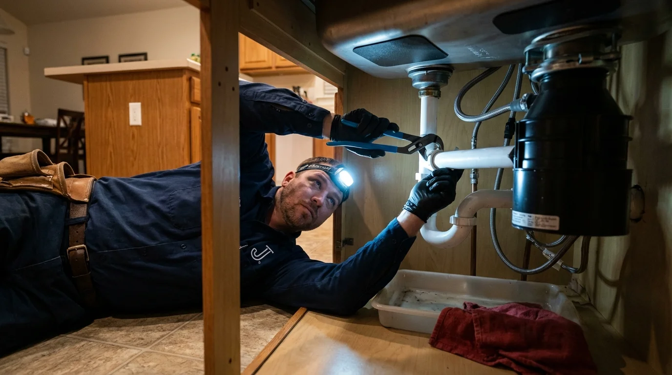 P-trap and supply line connections under a kitchen sink showing a common leak point in Mitchell, SD